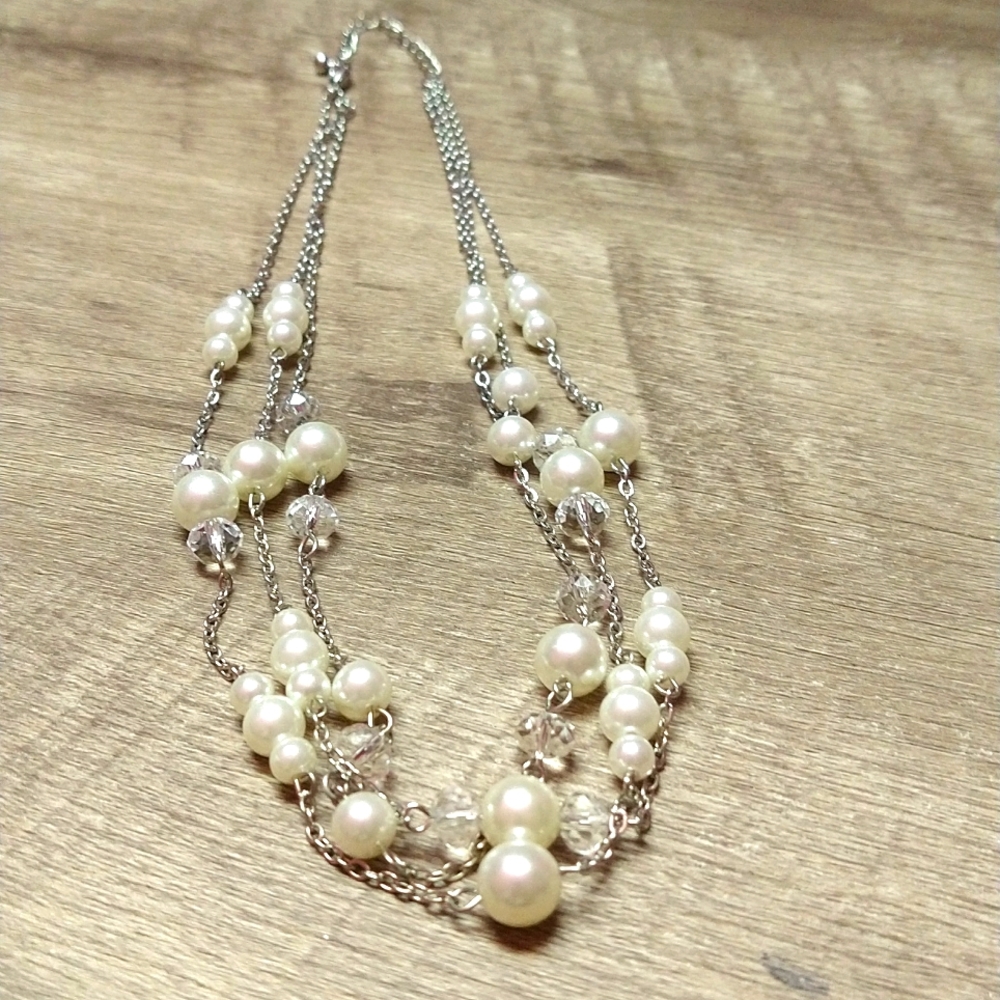 3 Strand Faux Pearl Crystal Look Beads Silvertone Chain
